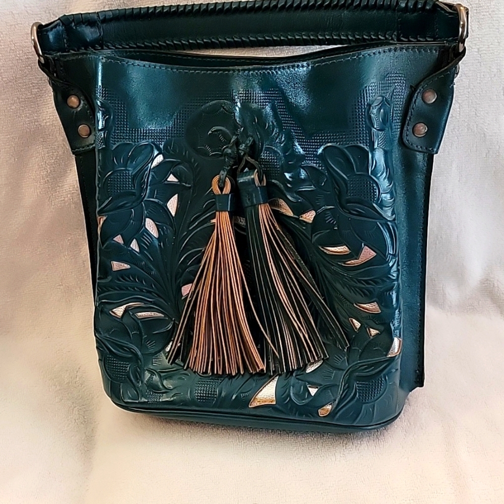 Patricia Nash teal/silver cut out leather bucket bag